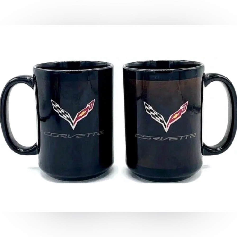Vintage RARE Chevrolet Corvette Coffee Mug Cup Set of 2 Vette Racing Logo Black